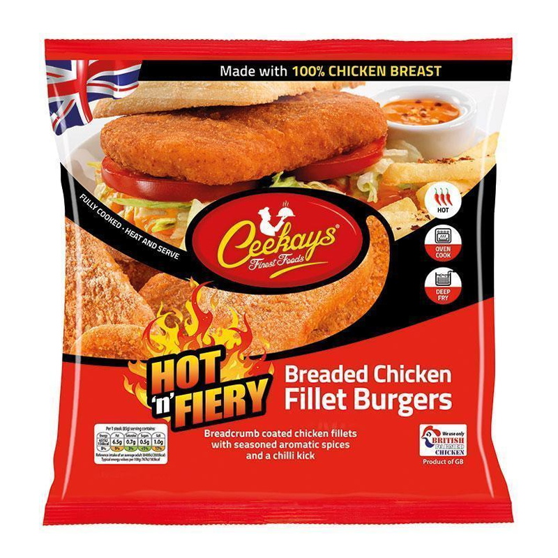 Ceekays Hot 'n' Fiery Breaded chicken Fillet Burgers 700g
